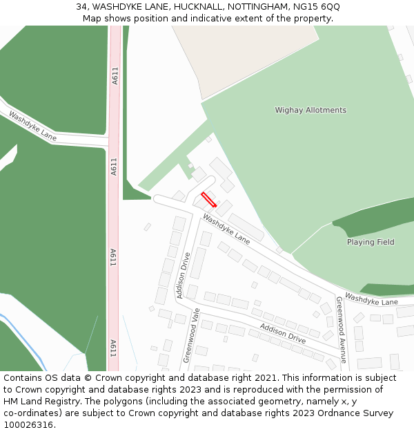 34, WASHDYKE LANE, HUCKNALL, NOTTINGHAM, NG15 6QQ: Location map and indicative extent of plot