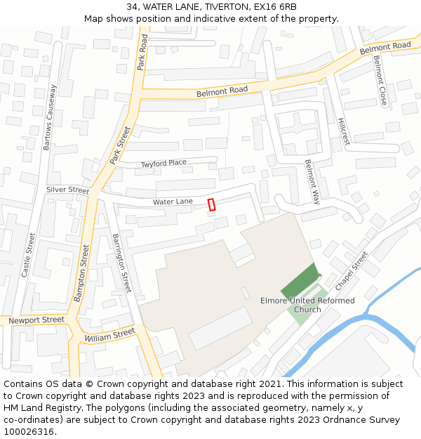 34, WATER LANE, TIVERTON, EX16 6RB: Location map and indicative extent of plot