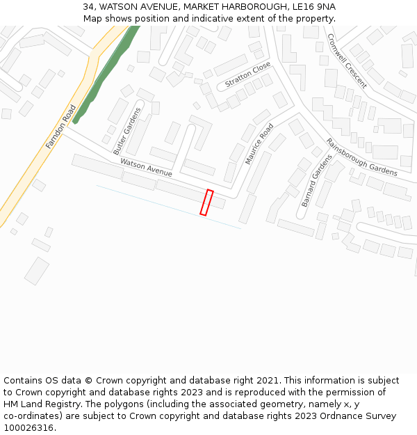 34, WATSON AVENUE, MARKET HARBOROUGH, LE16 9NA: Location map and indicative extent of plot