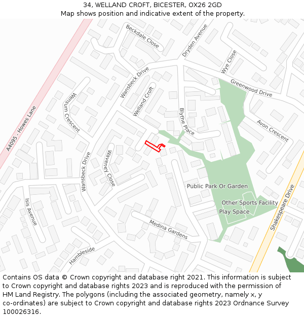 34, WELLAND CROFT, BICESTER, OX26 2GD: Location map and indicative extent of plot