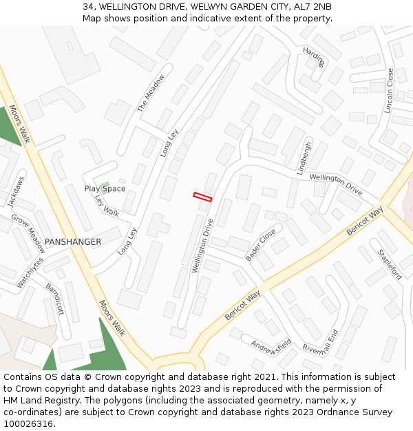 34, WELLINGTON DRIVE, WELWYN GARDEN CITY, AL7 2NB: Location map and indicative extent of plot