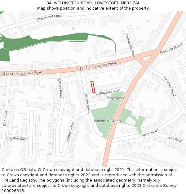 34, WELLINGTON ROAD, LOWESTOFT, NR33 7AL: Location map and indicative extent of plot