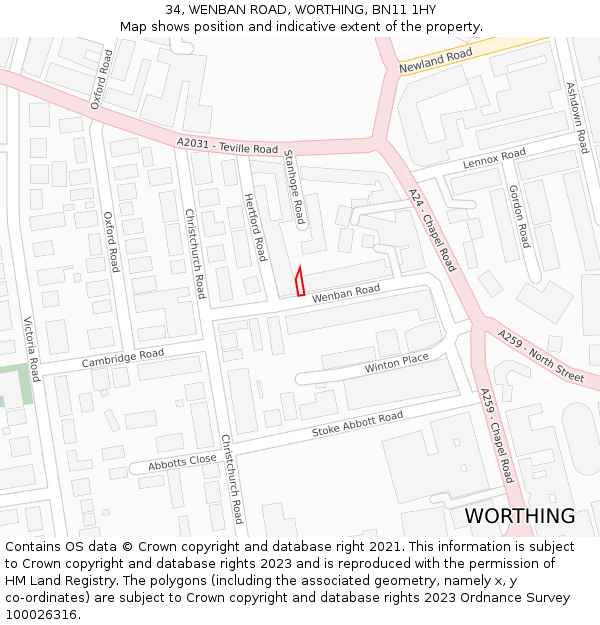 34, WENBAN ROAD, WORTHING, BN11 1HY: Location map and indicative extent of plot