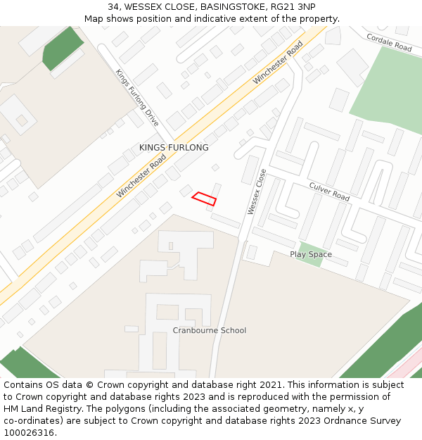 34, WESSEX CLOSE, BASINGSTOKE, RG21 3NP: Location map and indicative extent of plot