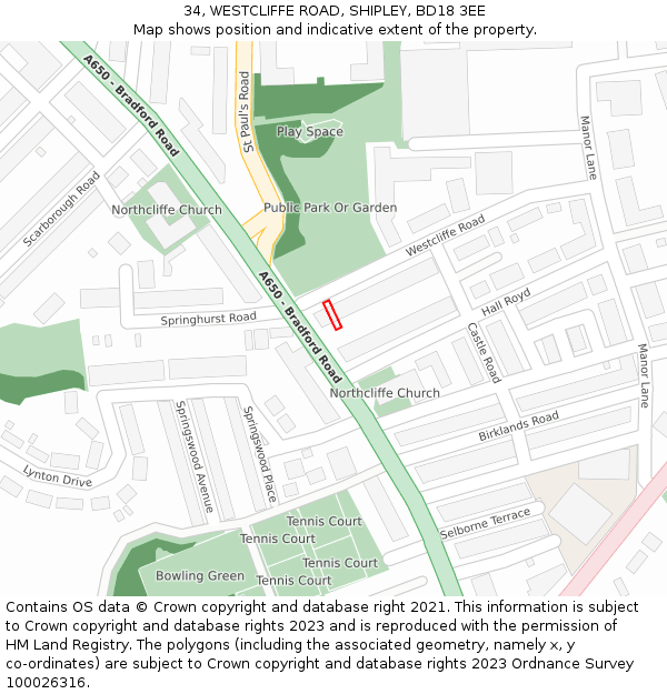 34, WESTCLIFFE ROAD, SHIPLEY, BD18 3EE: Location map and indicative extent of plot