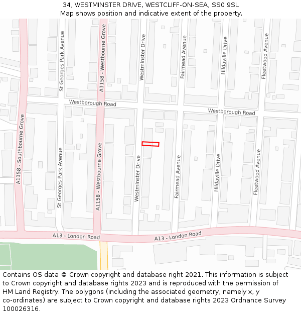 34, WESTMINSTER DRIVE, WESTCLIFF-ON-SEA, SS0 9SL: Location map and indicative extent of plot