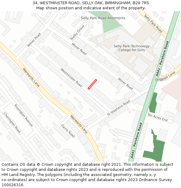 34, WESTMINSTER ROAD, SELLY OAK, BIRMINGHAM, B29 7RS: Location map and indicative extent of plot