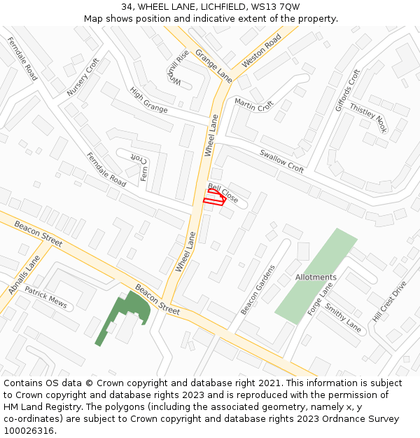34, WHEEL LANE, LICHFIELD, WS13 7QW: Location map and indicative extent of plot