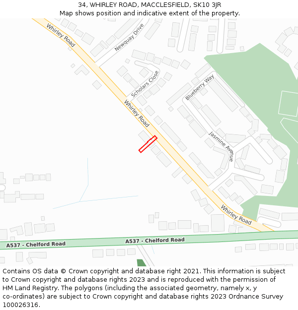 34, WHIRLEY ROAD, MACCLESFIELD, SK10 3JR: Location map and indicative extent of plot