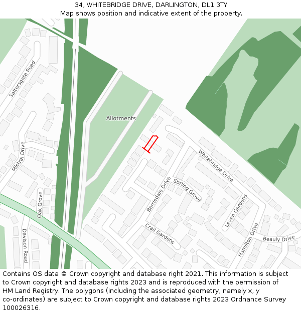 34, WHITEBRIDGE DRIVE, DARLINGTON, DL1 3TY: Location map and indicative extent of plot