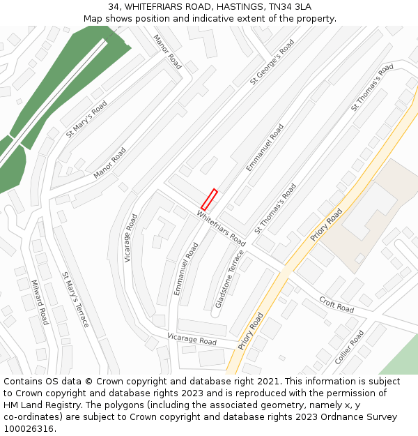 34, WHITEFRIARS ROAD, HASTINGS, TN34 3LA: Location map and indicative extent of plot