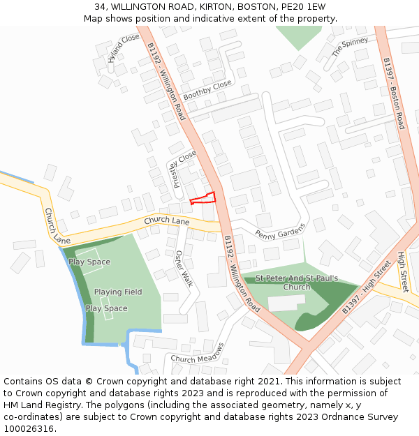 34, WILLINGTON ROAD, KIRTON, BOSTON, PE20 1EW: Location map and indicative extent of plot