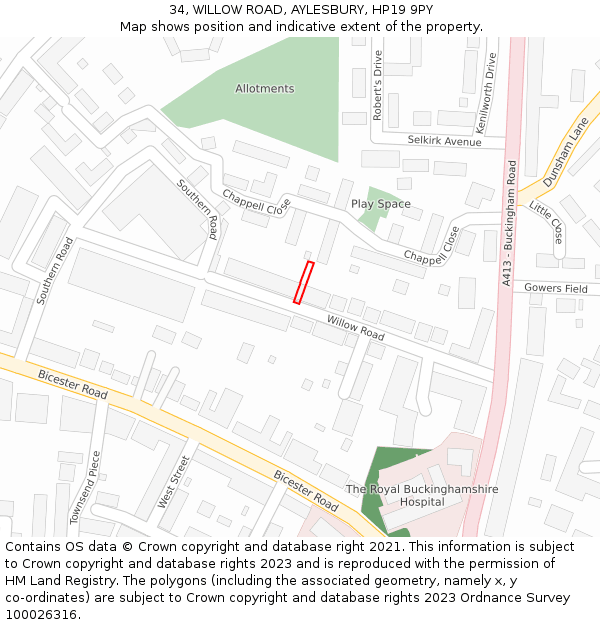 34, WILLOW ROAD, AYLESBURY, HP19 9PY: Location map and indicative extent of plot