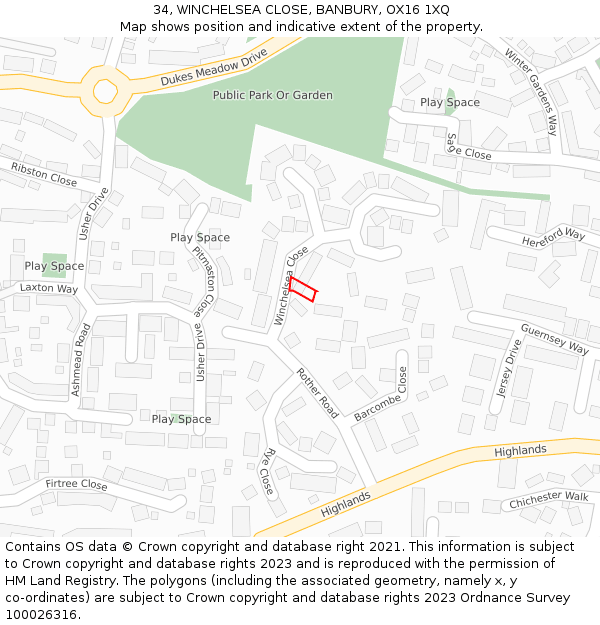34, WINCHELSEA CLOSE, BANBURY, OX16 1XQ: Location map and indicative extent of plot