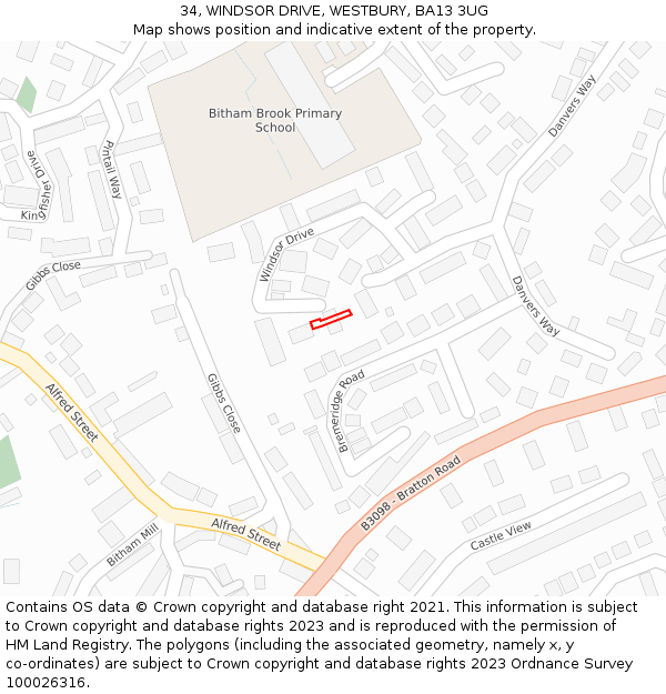 34, WINDSOR DRIVE, WESTBURY, BA13 3UG: Location map and indicative extent of plot