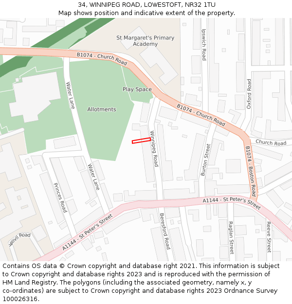 34, WINNIPEG ROAD, LOWESTOFT, NR32 1TU: Location map and indicative extent of plot