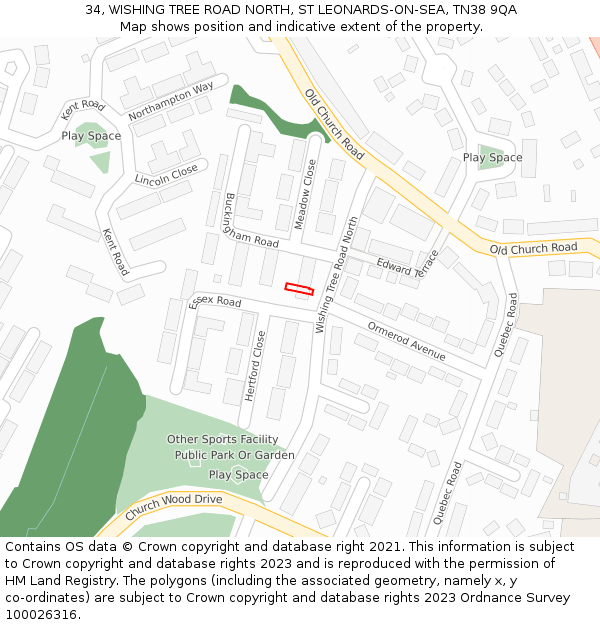 34, WISHING TREE ROAD NORTH, ST LEONARDS-ON-SEA, TN38 9QA: Location map and indicative extent of plot