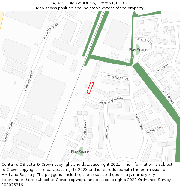 34, WISTERIA GARDENS, HAVANT, PO9 2FJ: Location map and indicative extent of plot