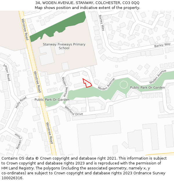 34, WODEN AVENUE, STANWAY, COLCHESTER, CO3 0QQ: Location map and indicative extent of plot