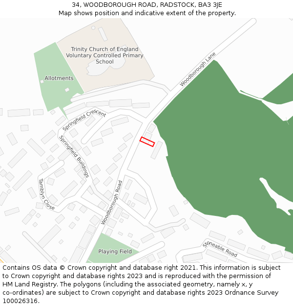 34, WOODBOROUGH ROAD, RADSTOCK, BA3 3JE: Location map and indicative extent of plot