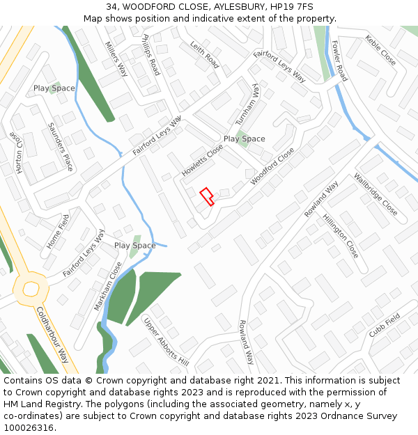 34, WOODFORD CLOSE, AYLESBURY, HP19 7FS: Location map and indicative extent of plot