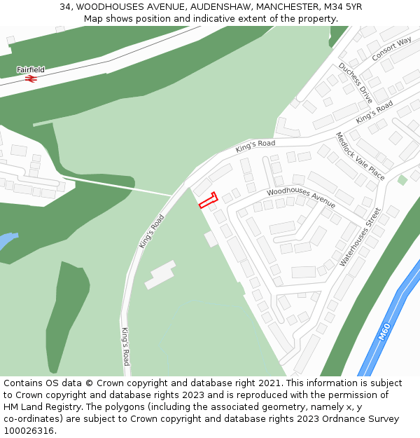 34, WOODHOUSES AVENUE, AUDENSHAW, MANCHESTER, M34 5YR: Location map and indicative extent of plot