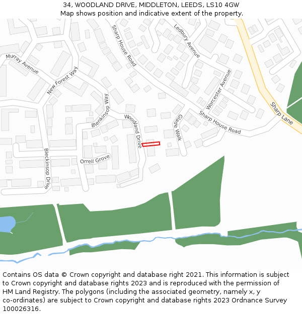 34, WOODLAND DRIVE, MIDDLETON, LEEDS, LS10 4GW: Location map and indicative extent of plot