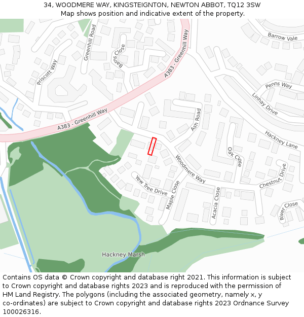 34, WOODMERE WAY, KINGSTEIGNTON, NEWTON ABBOT, TQ12 3SW: Location map and indicative extent of plot