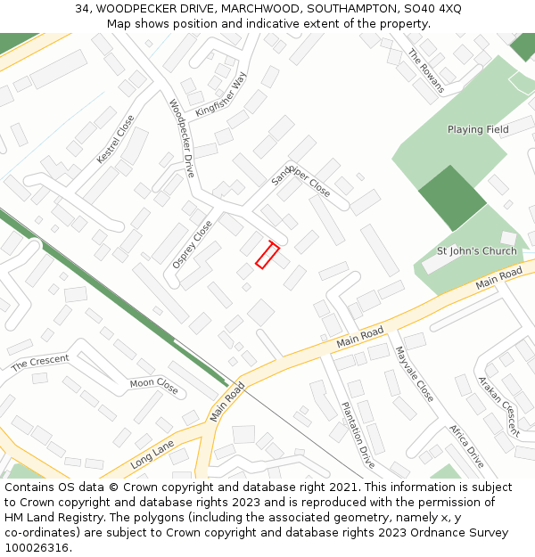 34, WOODPECKER DRIVE, MARCHWOOD, SOUTHAMPTON, SO40 4XQ: Location map and indicative extent of plot