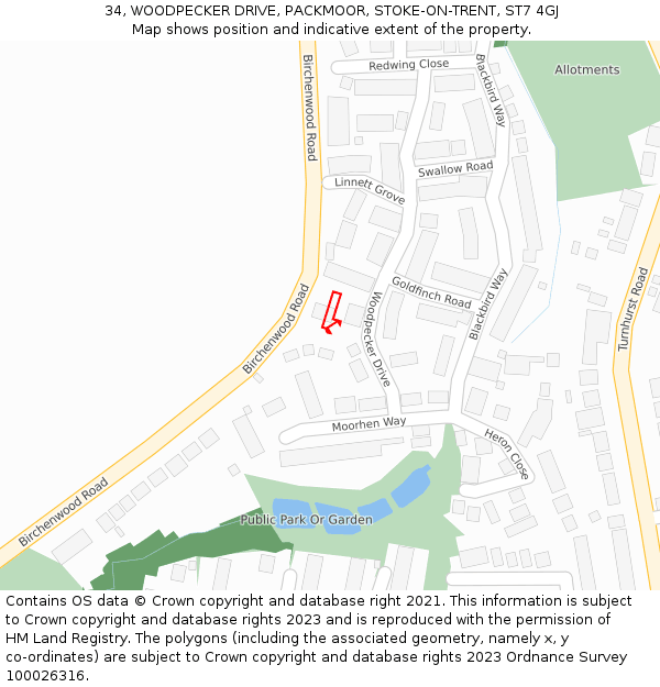 34, WOODPECKER DRIVE, PACKMOOR, STOKE-ON-TRENT, ST7 4GJ: Location map and indicative extent of plot