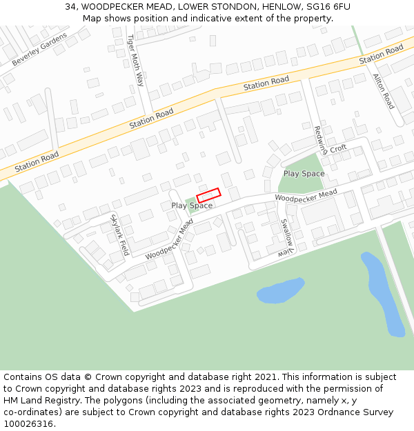 34, WOODPECKER MEAD, LOWER STONDON, HENLOW, SG16 6FU: Location map and indicative extent of plot