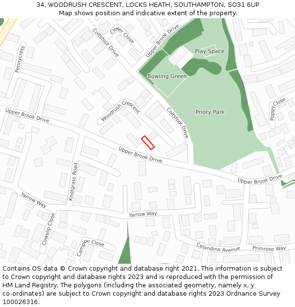 34, WOODRUSH CRESCENT, LOCKS HEATH, SOUTHAMPTON, SO31 6UP: Location map and indicative extent of plot