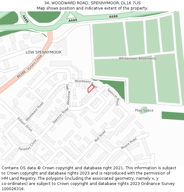 34, WOODWARD ROAD, SPENNYMOOR, DL16 7US: Location map and indicative extent of plot