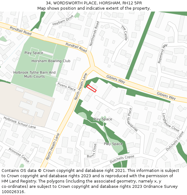 34, WORDSWORTH PLACE, HORSHAM, RH12 5PR: Location map and indicative extent of plot