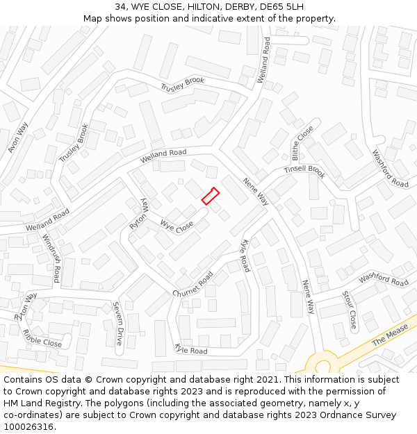 34, WYE CLOSE, HILTON, DERBY, DE65 5LH: Location map and indicative extent of plot