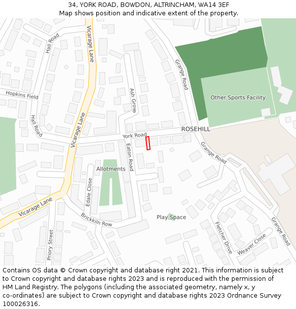 34, YORK ROAD, BOWDON, ALTRINCHAM, WA14 3EF: Location map and indicative extent of plot