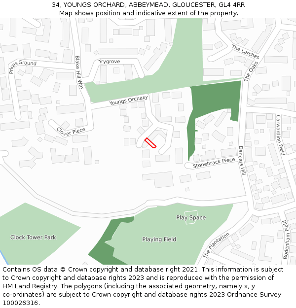 34, YOUNGS ORCHARD, ABBEYMEAD, GLOUCESTER, GL4 4RR: Location map and indicative extent of plot
