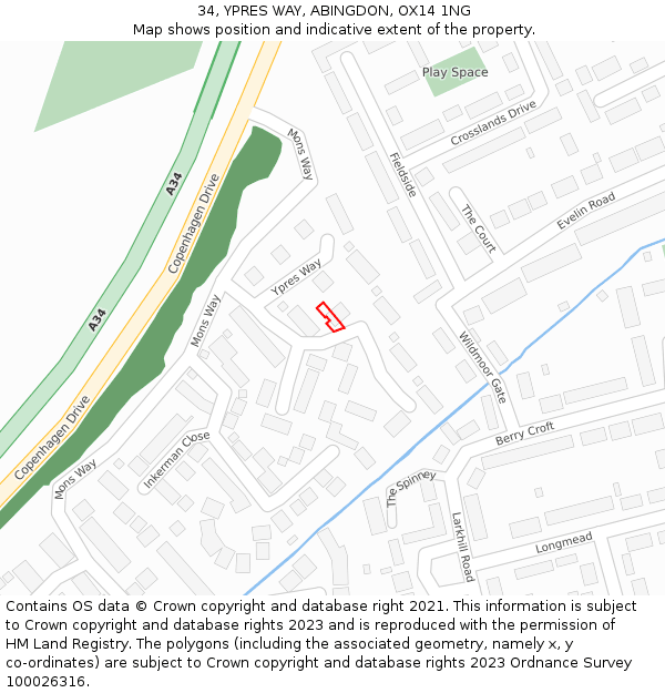34, YPRES WAY, ABINGDON, OX14 1NG: Location map and indicative extent of plot