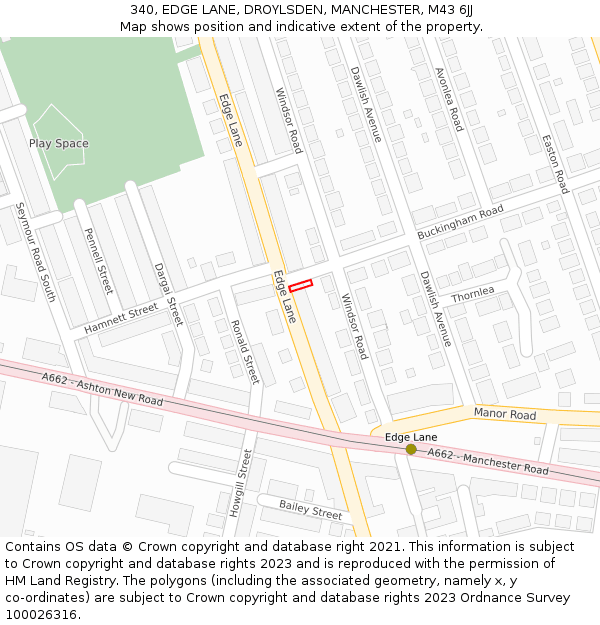 340, EDGE LANE, DROYLSDEN, MANCHESTER, M43 6JJ: Location map and indicative extent of plot