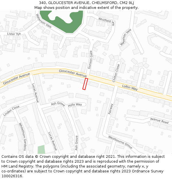 340, GLOUCESTER AVENUE, CHELMSFORD, CM2 9LJ: Location map and indicative extent of plot