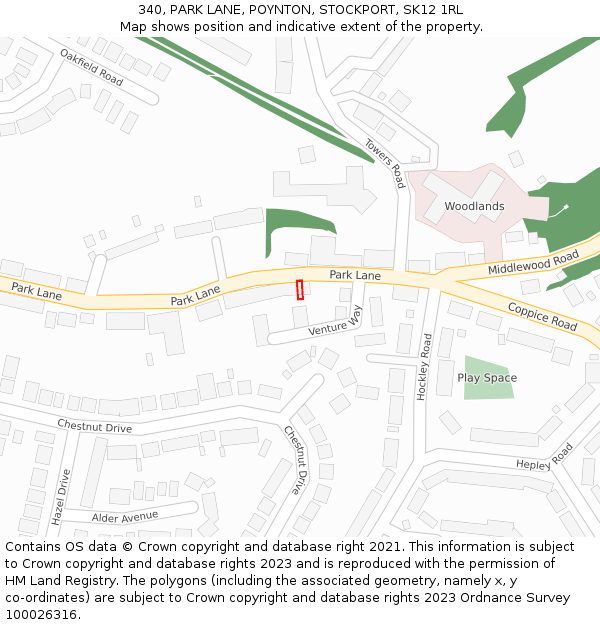 340, PARK LANE, POYNTON, STOCKPORT, SK12 1RL: Location map and indicative extent of plot