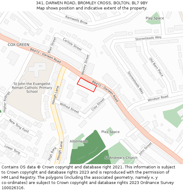 341, DARWEN ROAD, BROMLEY CROSS, BOLTON, BL7 9BY: Location map and indicative extent of plot
