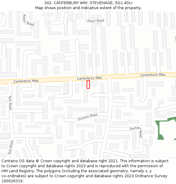 342, CANTERBURY WAY, STEVENAGE, SG1 4DU: Location map and indicative extent of plot