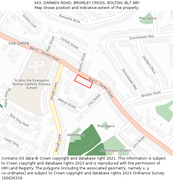 343, DARWEN ROAD, BROMLEY CROSS, BOLTON, BL7 9BY: Location map and indicative extent of plot