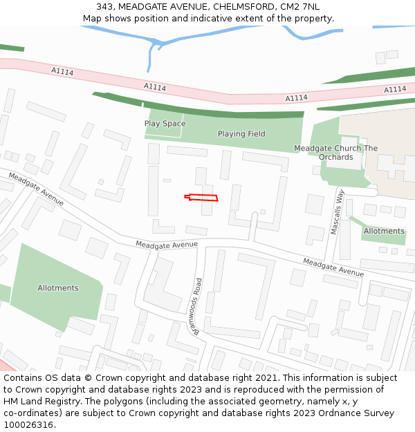 343, MEADGATE AVENUE, CHELMSFORD, CM2 7NL: Location map and indicative extent of plot