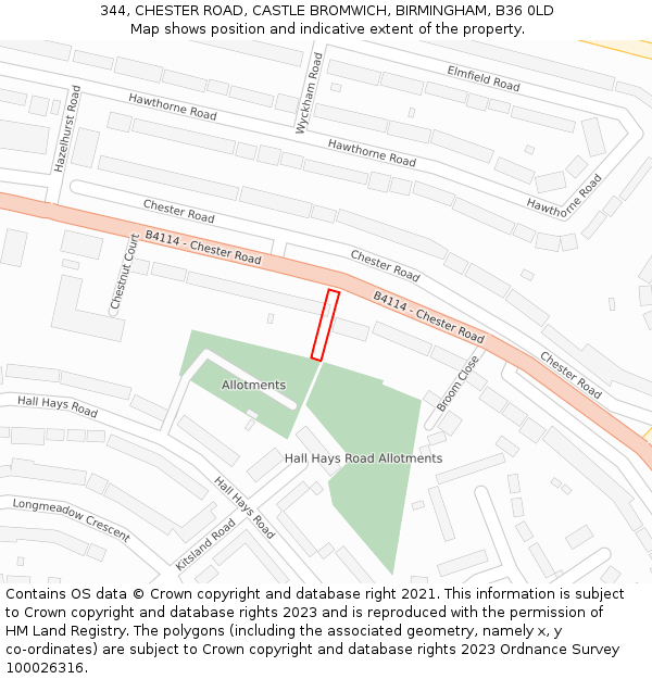344, CHESTER ROAD, CASTLE BROMWICH, BIRMINGHAM, B36 0LD: Location map and indicative extent of plot