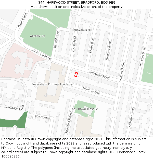 344, HAREWOOD STREET, BRADFORD, BD3 9EG: Location map and indicative extent of plot