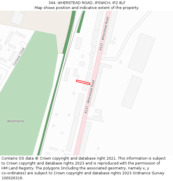 344, WHERSTEAD ROAD, IPSWICH, IP2 8LF: Location map and indicative extent of plot
