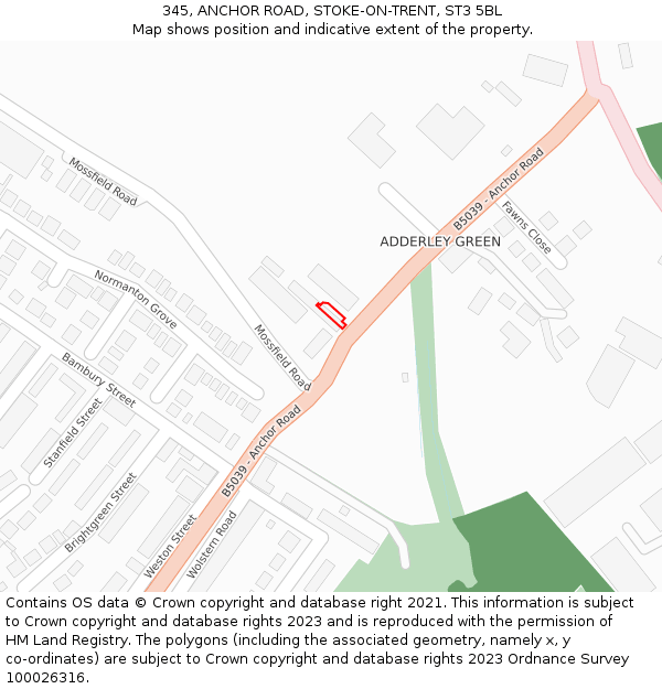 345, ANCHOR ROAD, STOKE-ON-TRENT, ST3 5BL: Location map and indicative extent of plot