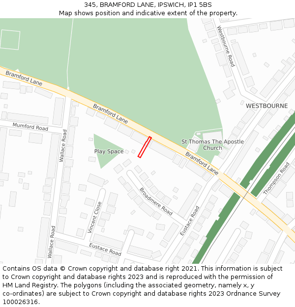345, BRAMFORD LANE, IPSWICH, IP1 5BS: Location map and indicative extent of plot
